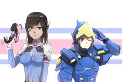  2girls animal_print armor black_hair bodysuit bracer braid breasts brown_eyes brown_hair commentary cosplay costume_switch d.va_(overwatch) d.va_(overwatch)_(cosplay) dark-skinned_female dark_skin eye_of_horus facepaint facial_mark facial_tattoo finger_on_trigger gloves gun hair_tubes handgun headphones high_collar holding holding_gun holding_weapon light_smile long_hair looking_at_viewer medium_breasts multiple_girls one_eye_closed overwatch overwatch_1 pharah_(overwatch) pharah_(overwatch)_(cosplay) pilot_suit power_armor qi_hai_yan_xu rabbit_print ribbed_bodysuit salute side_braids skin_tight striped striped_background swept_bangs tattoo unhappy upper_body weapon whisker_markings white_background white_gloves 