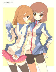  2girls adapted_costume alternate_costume bike_shorts black_legwear blue_eyes blush brown_hair commentary_request hand_on_own_hip holding_hands jacket long_hair long_sleeves multiple_girls nishio_rina photoshop_(medium) sakaki_tsui short_hair skirt smile soukyuu_no_fafner tatekami_seri thighhighs track_jacket 