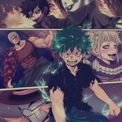  5boys bangs blonde_hair blunt_bangs boku_no_hero_academia bubaigawara_jin cardigan dabi_(boku_no_hero_academia) double_bun fangs female fire green_hair hair_bun messy_hair midoriya_izuku multiple_boys muscular_(boku_no_hero_academia) sako_atsuhiro serafuku toga_himiko tongue yellow_eyes 