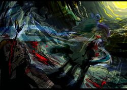  2girls arrow_(projectile) black_hair blood blood_on_face blue_dress blue_hair commentary_request corpse dress forest hair_ornament hair_rings hat jizeru_(giselebon) kaku_seiga miyako_yoshika moon multiple_girls nature outstretched_arms shirt skirt touhou zombie_pose 