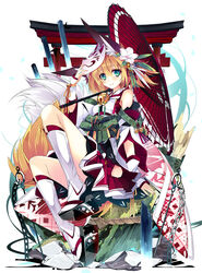  animal_ears bare_shoulders bell blonde_hair boots comiket_84 commentary_request detached_sleeves female flower fox_ears fox_mask fox_tail gauntlets green_eyes hair_flower hair_ornament japanese_clothes kimono kneehighs long_sleeves looking_at_viewer mask miko obi oil-paper_umbrella okobo original photoshop_(medium) platform_footwear sandals sash shirokitsune shiroro sitting smile socks solo tail torii umbrella wide_sleeves yukata 