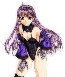  artist_request bare_shoulders breasts brown_eyes cleavage cross dark_eclair detached_sleeves earrings eclair_(la_pucelle) female gloves hairband hand_on_hip jewelry la_pucelle leotard long_hair looking_at_viewer purple_hair simple_background smile solo 