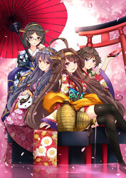  4girls aata1007 black_hair commentary_request cup double_bun feline glasses hair_bun hairband haruna_(kancolle) headgear hiei_(kancolle) highres japanese_clothes kantai_collection kimono kirishima_(kancolle) kongou_(kancolle) long_hair multiple_girls nontraditional_miko oil-paper_umbrella sakazuki short_hair thighhighs torii umbrella 