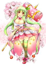  :d ahoge arms_behind_back blush bow breasts cherry_blossoms cherry_hair_ornament cherry_print choker cleavage colored_stripes commentary_request cross-laced_footwear female floral_background flower flower_knight_girl food-themed_clothes food-themed_hair_ornament food_print frills full_body gradient_background green_hair green_thighhighs hair_bobbles hair_flower hair_ornament happy large_breasts leaf leaning_forward light_green_hair long_hair looking_at_viewer low-tied_sidelocks low_twintails mallet multicolored_clothes multicolored_legwear name_connection object_namesake open_mouth orange_eyes oversized_object pink_bow pink_footwear plaid ribbon ribbon_choker sakuranbo_(flower_knight_girl) shindo_hachigo shoes short_sleeves sidelocks skirt smile solo standing striped_clothes striped_thighhighs stuffed_animal stuffed_toy taut_clothes teddy_bear thigh_gap thighhighs twintails weapon yellow_thighhighs zettai_ryouiki 