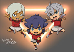  3boys armband bad_id bad_pixiv_id blue_eyes chibi dark-skinned_male dark_skin inazuma_eleven_(series) inazuma_eleven_go izumi_kanaaki kidokawa_seishuu kishibe_taiga male_focus mizuhara_aki multiple_boys open_mouth purple_hair soccer_uniform sportswear tobisawa_mana triangle_zz 