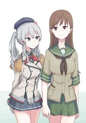  2girls bad_id bad_twitter_id beret blush_stickers brown_eyes commentary_request cowboy_shot epaulettes frown green_eyes green_skirt grey_hair grey_skirt hat highres kantai_collection kashima_(kancolle) long_hair long_sleeves looking_at_another mikiki multiple_girls ooi_(kancolle) pleated_skirt short_sleeves side-by-side skirt smile sparkling_eyes sweat tsurime wavy_hair 