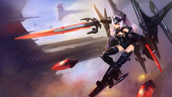  absurdres action aerial_battle arnval_mk2_tempesta bad_id bad_pixiv_id battle black_leotard breasts busou_shinki caldari_state_(eve_online) capital_ship_(eve_online) carrier carrier_(eve_online) cleavage cloud cloudy_sky combat_ship_(eve_online) commentary crossover day debris emblem eve_online explosion female fire fleet flying full_body highres joints leotard light_purple_hair mecha_musume medium_breasts military military_vehicle outdoors photoshop_(medium) ponytail sky solo spacecraft super_capital_ship_(eve_online) supercarrier_(eve_online) sword symbol-only_commentary war weapon wyvern_(eve_online) zhuore_zhi_hen 