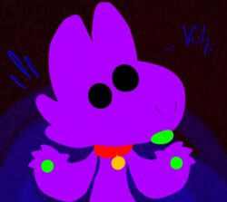  4_fingers ambiguous_gender black_background black_eyes canid canine collar fingers fur gallil gallil_(character) green_paws green_tongue lagomorph mammal monster purple_body purple_fur simple_background solo text tongue unknown_species 