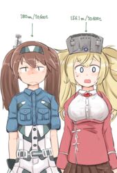  0_0 2girls belt black_gloves blonde_hair breast_envy breast_pocket breasts brown_hair brown_skirt commentary comparison cosplay costume_switch cowboy_shot enjaku_izuku flat_chest gambier_bay_(kancolle) gambier_bay_(kancolle)_(cosplay) gloves hair_between_eyes hair_ornament highres japanese_clothes kantai_collection kariginu large_breasts long_hair looking_at_viewer magatama multiple_girls open_mouth oversized_clothes oversized_shirt pocket red_shirt ryuujou_(kancolle) ryuujou_(kancolle)_(cosplay) shirt short_sleeves simple_background skirt standing twintails visor_cap white_background 