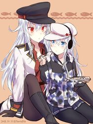  2girls alternate_costume belt black_footwear black_gloves black_pantyhose black_skirt blue_eyes blush boots breasts camouflage camouflage_jacket closed_mouth commentary_request fish flat_cap food gangut_(kancolle) gangut_dva_(kancolle) gloves grey_hair hammer_and_sickle hat hibiki_(kancolle) jacket kabocha_torute kantai_collection long_hair looking_at_another medium_breasts military military_hat military_jacket multiple_girls pantyhose peaked_cap red_eyes red_shirt scar scar_on_cheek scar_on_face shirt sitting skirt star_(symbol) twitter_username verniy_(kancolle) verniy_(saury_festival)_(kancolle) wariza white_hair white_jacket winter_clothes 