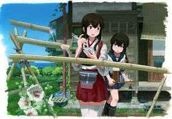  2girls :d akagi_(kancolle) alcohol bamboo beer beer_mug black_hair black_legwear blush bowl braid brown_hair building chopsticks cinder_block commentary_request cup drinking_glass fence flower glass graphite_(medium) grass hakama hakama_short_skirt hakama_skirt holding holding_bowl holding_chopsticks holding_cup holding_tray hollyhock hose isonami_(kancolle) japanese_clothes kantai_collection long_hair looking_back mug multiple_girls muneate nagashi_soumen open_mouth painting_(medium) pitcher_(container) plant school_uniform shijukara_(great_tit) skirt smile tasuki thighhighs traditional_media tray veranda water white_legwear zettai_ryouiki 