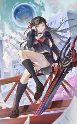  absurdres arm_cutout black_choker black_hair black_serafuku black_skirt black_socks brown_shoes cherry_blossoms chigusa7h chisa_(wuthering_waves) choker clothing_cutout commentary female hair_ribbon highres loafers long_hair long_sleeves mole mole_under_eye neckerchief outdoors parted_lips red_eyes red_neckerchief red_ribbon ribbon sailor_collar school_uniform serafuku shoes sitting skirt socks solo sword thighs weapon white_sailor_collar wuthering_waves 