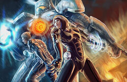  1boy arm_blade armor female gipsy_danger glowing hand_holding highres mako_mori mecha pacific_rim rain raleigh_becket realistic science_fiction super_robot water weapon 