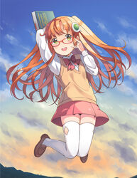  :d amiami_(company) amico arm_behind_head arm_up blush book bow bowtie clothing_cutout day dress_shirt female glasses green_eyes hair_ornament hand_up highres holding holding_book jumping loafers logo_hair_ornament long_hair long_sleeves looking_at_viewer midair miniskirt official_art open_mouth orange_hair red-framed_eyewear red_bow red_bowtie red_skirt round_teeth school_uniform shirt shoes skirt sky smile solo sweater_vest teeth thigh_cutout thighhighs two_side_up white_shirt white_thighhighs yumekui zettai_ryouiki 