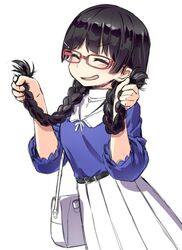  ^_^ alternate_costume alternate_hairstyle bag belt bespectacled black_hair blue_shirt blush braid casual closed_eyes collared_shirt commentary_request dress female glasses hair_ornament hair_over_shoulder hairclip hands_up holding holding_own_hair jewelry kath long_hair long_skirt nijisanji open_mouth pendant pleated_skirt puffy_sleeves red-framed_eyewear shirt shoulder_bag simple_background skirt smile solo tsukino_mito tsukino_mito_(2nd_costume) twin_braids v-shaped_eyebrows virtual_youtuber white_background white_skirt 