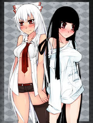  2girls aoshima argyle bare_shoulders black_hair blunt_bangs blush commentary_request contemporary embarrassed fujiwara_no_mokou gundam gym_ghingnham hair_ribbon highres hime_cut houraisan_kaguya long_hair multiple_girls off_shoulder red_eyes ribbon shirt short_sleeves sleeveless touhou turn_a_gundam very_long_hair white_hair 