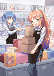  2girls :d ahoge alternate_hairstyle amiami_(company) amico apron black_apron blue_eyes blue_hair blush box cardboard_box character_name closed_mouth clothes_writing collared_shirt copyright_name denim dress_shirt drill_hair employee_uniform figure green_eyes hair_ornament hair_ribbon highres holding holding_box indoors lilco logo_hair_ornament long_hair long_sleeves looking_at_viewer multiple_girls name_tag official_art open_mouth ponytail ribbon shirt shop sidelocks sleeves_pushed_up smile standing store_clerk twin_drills twintails uniform white_shirt wing_collar yumekui 