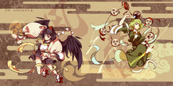  2girls artist_name beads black_hair bow bowtie commentary_request drum egasumi fine_art_parody flying fuujin_raijin_zu geta ghost_tail green_hair grin hat highres instrument japanese_clothes jewelry kesa kimono leaf_print lightning long_skirt long_sleeves luckyia magatama miniskirt mitsudomoe_(shape) multiple_girls parody photoshop_(medium) pom_pom_(clothes) puffy_long_sleeves puffy_sleeves red_eyes shameimaru_aya short_hair signature skirt smile socks soga_no_tojiko tengu-geta tokin_hat tomoe_(symbol) touhou weapon wings 