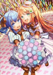  2girls :d ahoge amiami_(company) amico blue_eyes blue_hair blush bouquet bow bowtie candy dress drill_hair dutch_angle flower food glowstick green_eyes hair_ornament hair_ribbon hat highres holding holding_bouquet hug idol leg_up lilco logo_hair_ornament lollipop long_hair looking_at_viewer mini_hat multiple_girls official_art open_mouth orange_hair pantyhose polka_dot puffy_short_sleeves puffy_sleeves ribbon round_teeth short_sleeves smile stage striped_clothes striped_dress striped_headwear teeth twin_drills twintails two_side_up vertical-striped_clothes vertical-striped_dress yumekui 