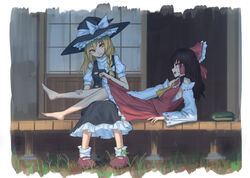  2girls :d barefoot black_dress blonde_hair blush braid brown_hair buttons clothes_lift commentary detached_sleeves double-breasted dress female_pervert full_body grin hair_between_eyes hair_ribbon hair_tubes hakurei_reimu hat hat_ribbon holding_another&#039;s_leg japanese_clothes kimono kimono_lift kirisame_marisa legs_on_another&#039;s_lap lifting_another&#039;s_clothes long_hair long_sleeves looking_at_another multiple_girls open_mouth peeping pervert red_eyes red_kimono red_ribbon ribbon ribbon-trimmed_dress roke_(taikodon) sarashi short_sleeves sitting skirt skirt_lift smile sweatdrop touhou veranda white_ribbon wide_sleeves witch_hat yellow_eyes yuri 