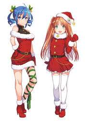  2girls :d ahoge amiami_(company) amico ankle_boots bare_shoulders bell belt belt_buckle blue_eyes blue_hair blush boots breasts buckle christmas closed_mouth contrapposto covered_navel dress drill_hair full_body fur-trimmed_dress fur-trimmed_gloves fur-trimmed_sleeves fur_collar fur_trim gloves green_eyes hair_bell hair_between_eyes hair_ornament hand_on_own_hip hat high_heel_boots high_heels highres leg_ribbon lilco logo_hair_ornament long_hair looking_at_viewer medium_breasts mittens multiple_girls official_art open_mouth orange_hair parted_bangs red_dress red_mittens ribbon santa_boots santa_costume santa_gloves santa_hat short_dress simple_background smile standing star_(symbol) thighhighs turtleneck twin_drills twintails two_side_up waving white_background white_legwear yumekui zettai_ryouiki 