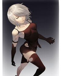  a2_(nier:automata) android arm_at_side armlet bare_shoulders black_gloves black_shorts black_thighhighs blue_eyes breasts breasts_apart catbox chinese_commentary closed_mouth collarbone commentary cowboy_shot elbow_gloves female gloves grey_hair hair_over_one_eye hand_up joints lips makeup medium_breasts mole mole_under_mouth nier:automata nier_(series) pink_lips robot_joints short_hair short_shorts shorts sleeveless solo standing tank_top thighhighs 