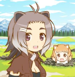  2girls american_beaver_(kemono_friends) animal_ears antenna_hair bad_id bad_twitter_id beaver_ears bikini bikini_top_only black-tailed_prairie_dog_(kemono_friends) blush_stickers breasts brown_eyes cleavage cloud day fur_collar grass grey_hair hair_ornament hairclip kemono_friends light_brown_hair looking_at_viewer medium_breasts mountain multiple_girls nature on_ground open_mouth outdoors pine_tree portrait river shiumai short_hair sky smile swimsuit torn_clothes torn_sleeves tree 