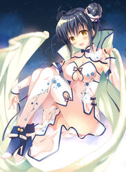  :d ahoge bell black_hair blue_bow blue_ribbon blush bow breasts brown_eyes cape china_dress chinese_clothes cleavage cleavage_cutout clothing_cutout commentary_request detached_sleeves double_bun dress earrings female full_body hair_bun hair_ornament hair_scrunchie high_heels highres jewelry jingle_bell large_breasts long_sleeves looking_at_viewer moe2016 night night_sky open_mouth original panties panty_peek revision ribbon scrunchie sitting sky smile solo sousouman star_(sky) starry_sky strapless strapless_dress thighhighs underwear white_thighhighs 