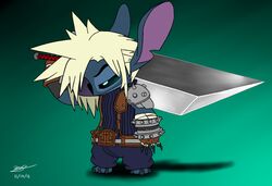  2015 4_fingers 4_toes alien blonde_hair blue_body blue_claws buster_sword claws clothed clothing cloud_stance cloud_strife cosplay crossover crossover_cosplay digital_drawing_(artwork) digital_media_(artwork) disney experiment_(lilo_and_stitch) feet final_fantasy final_fantasy_vii fingers gradient_background hair holding_melee_weapon holding_object holding_sword holding_weapon lilo_and_stitch melee_weapon moody notched_ear signature simple_background solo square_enix standing stitch_(lilo_and_stitch) sword toes twilightvolt weapon 