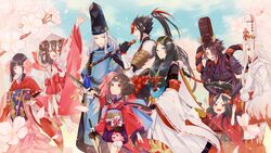  4boys 5girls :d abe_no_seimei_(onmyoji) arm_up black_gloves black_hair blue_eyes blue_sky brown_hair cherry_blossoms commentary_request double_bun eye_contact gloves hair_bun hat holding_hands japanese_clothes kagura_(onmyoji) kariginu kimono kota_uro kuro_mujou_(onmyoji) long_hair looking_at_another minamoto_no_hiromasa_(onmyoji) momo_no_sei_(onmyoji) multiple_boys multiple_girls oni onmyoji open_mouth outdoors red_eyes sakura_no_sei_(onmyoji) shiro_mujou_(onmyoji) sky smile standing tate_eboshi walking white_hair wide_sleeves yao_bikuni_(onmyoji) zashiki_warashi_(onmyoji) 