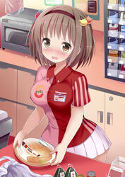  7-eleven bento blush brand_name_imitation brown_eyes brown_hair cigarette_pack commentary_request convenience_store counter employee_uniform female food givuchoko hair_ornament hairband highres microwave moe2016 onigiri open_mouth original pasta purple_hairband revision shirt shop short_hair skirt solo tears uniform wavy_mouth 