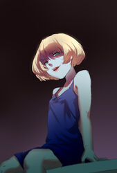  bad_id bad_pixiv_id blonde_hair blue_dress coffinkun commentary_request dress female green_eyes highres looking_at_viewer photoshop_(medium) short_hair sitting smile solo usotsuki yume_nisshi 