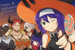  2boys 3girls bare_shoulders blue_eyes blue_hair blush breasts brown_eyes brown_hair cleavage commentary_request dark-skinned_male dark_skin detached_sleeves dorcas_(fire_emblem) dorcas_(halloween)_(fire_emblem) dragon_wings dress eyepatch fire_emblem fire_emblem:_path_of_radiance fire_emblem:_the_blazing_blade fire_emblem:_the_sacred_stones fire_emblem_fates fire_emblem_heroes gloves green_eyes hair_over_one_eye hairband headband kagero_(fire_emblem) kagero_(halloween)_(fire_emblem) kyufe large_breasts long_hair maid mia_(fire_emblem) mia_(halloween)_(fire_emblem) multi-tied_hair multiple_boys multiple_girls myrrh_(fire_emblem) myrrh_(halloween)_(fire_emblem) niles_(fire_emblem) niles_(halloween)_(fire_emblem) open_mouth ponytail purple_hair red_eyes scarf short_hair smile twintails white_hair white_hairband wings 