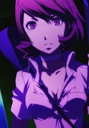  atlus between_breasts breasts brown_eyes brown_hair choker cleavage collarbone female looking_at_viewer medium_breasts parted_lips persona persona_3 screencap short_hair solo stitched strap_cleavage upper_body yukari_takeba 