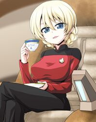  :d black_pants blonde_hair blue_eyes blurry blurry_background braid breasts commentary cosplay crossed_legs cup darjeeling_(girls_und_panzer) emblem female french_braid girls_und_panzer hair_between_eyes head_tilt highres holding holding_cup jean-luc_picard jean-luc_picard_(cosplay) kamishima_kanon large_breasts long_sleeves looking_at_viewer military military_uniform open_mouth pants saucer seat short_hair sitting smile solo star_trek star_trek:_the_next_generation starfleet_uniform teacup uniform 