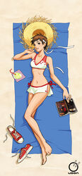  arnold_tsang bad_source barefoot beach_towel bikini bikini_skirt book breasts brown_eyes brown_hair dakimakura_(medium) drink female full_body halterneck hat headband highres kasugano_sakura lips looking_at_viewer manga_(object) microskirt midriff navel photoshop_(medium) shoes short_hair side-tie_bikini_bottom side-tie_skirt side_slit skirt small_breasts smile sneakers solo straw_hat street_fighter swimsuit toes towel udon_entertainment unworn_hat unworn_headwear unworn_shoes 