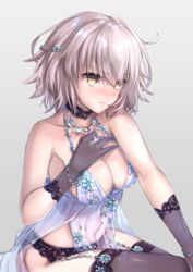  alexandrite_(gemstone) artoria_pendragon_(fate) artoria_pendragon_(lancer_alter)_(fate) artoria_pendragon_(lancer_alter)_(royal_icing)_(fate) artoria_pendragon_(lancer_alter)_(royal_icing)_(fate)_(cosplay) babydoll bare_shoulders blue_babydoll blush bottomless bracelet breasts choker cleavage collarbone commentary_request cosplay fate/grand_order fate_(series) female garter_belt gloves grey_hair hand_on_own_knee hane_yuki highres jeanne_d&#039;arc_alter_(avenger)_(fate) jeanne_d&#039;arc_alter_(fate) jewelry large_breasts looking_at_viewer navel necklace purple_gloves purple_thighhighs see-through short_hair sitting solo stomach thighhighs thighs yellow_eyes 