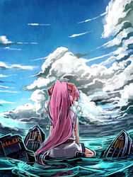  amagaeru_(hylathewet) bare_shoulders blue_sky cloud cloudy_sky commentary_request damaged day dress female from_behind hatsuharu_(kancolle) hatsuharu_kai_ni_(kancolle) high_ponytail highres kantai_collection long_hair machinery ocean ponytail purple_hair sailor_dress shide sitting sitting_on_water sky solo very_long_hair wariza 