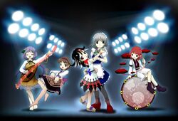  5girls apron aura barefoot biwa_lute black_hair black_legwear bracelet braid brown_hair closed_eyes dancing double_dealing_character drum drum_set drumsticks floodlights grey_hair hair_ornament horikawa_raiko horns instrument izayoi_sakuya jewelry kijin_seija knife koto_(instrument) looking_back lute_(instrument) maid maid_headdress multicolored_hair multiple_girls musical_note necktie non-web_source official_art pale_skin pantyhose pink_eyes pink_hair purple_hair red_eyes reverse_grip sandals short_hair short_sleeves skirt smile streaked_hair third-party_edit touhou tsukumo_benben tsukumo_yatsuhashi tsukumogami twin_braids waist_apron white_horns zun_(artist) 