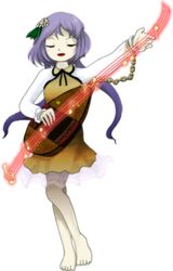  barefoot biwa_lute closed_eyes double_dealing_character female full_body hair_ornament instrument lowres lute_(instrument) musical_note official_art pale_skin purple_hair solo touhou transparent_background tsukumo_benben tsukumogami zun_(artist) 