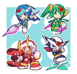  3boys android armor beam_saber black_eyes blue_eyes blush boots chibi commentary_request crop_top energy_sword fairy_leviathan_(mega_man) female fighting_fefnir_(mega_man) full_body gloves green_eyes hand_gesture helmet hidden_phantom_(mega_man) kin_niku mega_man_(series) mega_man_zero_(series) multiple_boys ninja open_mouth orange_eyes photoshop_(medium) polearm sage_harpuia_(mega_man) shuriken smile spear sword thigh_boots weapon white_gloves 