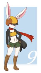  2018 absurd_res anthro breasts clothed clothing dragon_ball dragon_ball_super eyelashes female fur gloves handwear hat headgear headwear hi_res jacket kinglikeme lagomorph leporid mammal rabbit red_eyes scarf simple_background small_breasts smile solo sorrel topwear white_body white_fur 