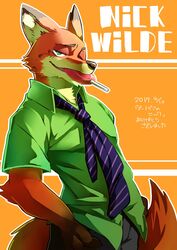  2017 anthro candy canid canine dessert disney food fox fur green_eyes hi_res kenn lollipop looking_at_viewer male mammal necktie nick_wilde orange_body orange_fur red_fox solo true_fox zootopia 