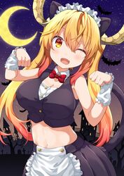  ;d absurdres animal_ears apron bare_shoulders bat_(animal) blonde_hair bow bowtie breasts cat_ears cat_tail commentary crescent_moon crop_top female gradient_hair hair_between_eyes halloween highres horns kobayashi-san_chi_no_maidragon large_breasts long_hair looking_at_viewer maid maid_headdress midriff miyabi_(miyabeeya) moon multicolored_hair navel night night_sky oerba_yun_fang one_eye_closed open_mouth orange_eyes paw_pose red_bow red_bowtie red_hair sky sleeveless smile solo tail tohru_(maidragon) twintails waist_apron wrist_cuffs 