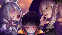  3girls :o animal_ears bat_(animal) bat_hair_ornament black_hair blood blood_from_mouth blurry blurry_background braid claw_pose cleavage_cutout closed_mouth clothing_cutout commentary_request elu_(nijisanji) evil_smile facial_mark fangs fingernails french_braid glowing glowing_eyes hair_ornament hairclip half-closed_eyes halloween halloween_costume hat heart highres higuchi_kaede jack-o&#039;-lantern kath long_hair looking_at_viewer mole mole_under_eye multiple_girls nail_polish nijisanji pointy_ears ponytail purple_eyes red_eyes sharp_fingernails sharp_teeth sidelocks smile teeth tongue tongue_out tsukino_mito upper_body vampire virtual_youtuber werewolf white_hair wing_collar witch witch_hat wolf_ears yellow_eyes 