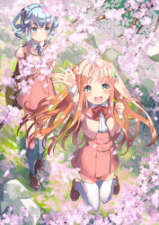  2girls :d amiami_(company) amico arm_up bag black_socks blue_eyes blue_hair blurry blurry_foreground blush bow bowtie branch cherry_blossoms clenched_hand closed_mouth day depth_of_field drill_hair flower from_above grass green_eyes hair_ornament high-waist_skirt highres juliet_sleeves kneehighs lilco loafers logo_hair_ornament long_hair long_sleeves looking_at_viewer looking_away multiple_girls necktie official_art open_mouth orange_hair outdoors petals puffy_sleeves red_skirt school_uniform shoes skirt smile socks standing thighhighs twin_drills twintails two_side_up white_thighhighs yumekui 