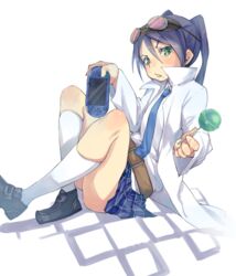  blue_hair candy commentary_request female food fu-ta goggles goggles_on_head green_eyes handheld_game_console kyousougiga lab_coat lollipop mole necktie playstation_portable professor_shouko sitting twintails white_legwear 