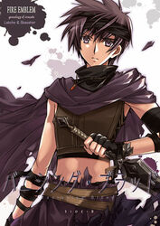  1boy cloak commentary_request fingerless_gloves fire_emblem fire_emblem:_genealogy_of_the_holy_war gloves holding holding_sword holding_weapon looking_at_viewer male_focus morozumi_junka photoshop_(medium) purple_eyes purple_hair scathach_(fire_emblem) solo spiked_hair sword weapon 