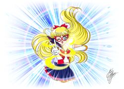  aino_minako anime_coloring bishoujo_senshi_sailor_moon blonde_hair blue_background blue_eyes blue_sailor_collar blue_skirt bow codename_wa_sailor_v cowboy_shot crescent crescent_facial_mark derivative_work elbow_gloves facial_mark female forehead_mark gloves hairbow half_updo long_hair looking_at_viewer magic magical_girl marco_albiero mask navel official_style one_eye_closed pleated_skirt red_bow sailor_collar sailor_senshi_uniform sailor_v signature skirt smile solo straight-on v white_gloves 