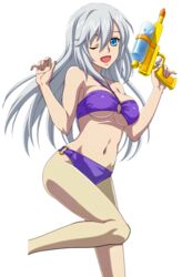  ;d bikini blue_eyes bow breasts cleavage floating_hair groin gun hairbow holding holding_gun holding_weapon la_folia_rihavein leg_up long_hair looking_at_viewer medium_breasts navel o-ring o-ring_bikini one_eye_closed open_mouth purple_bikini silver_hair smile solo standing strike_the_blood swimsuit transparent_background water_gun weapon 